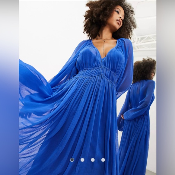 ASOS EDITION ruched gathered waist chiffon maxi dress in bright blue - Picture 3 of 10